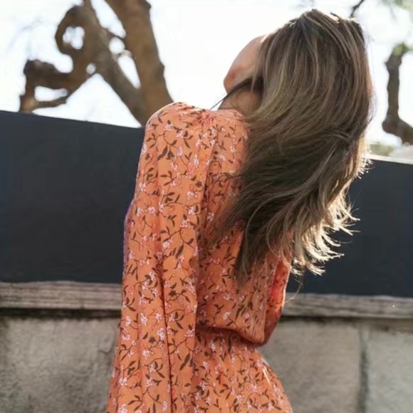 Boho Floral Print, Pleated V -Neck Lantern Sleeve Slim Waist Dress in Tangerine - Picture 4 of 11